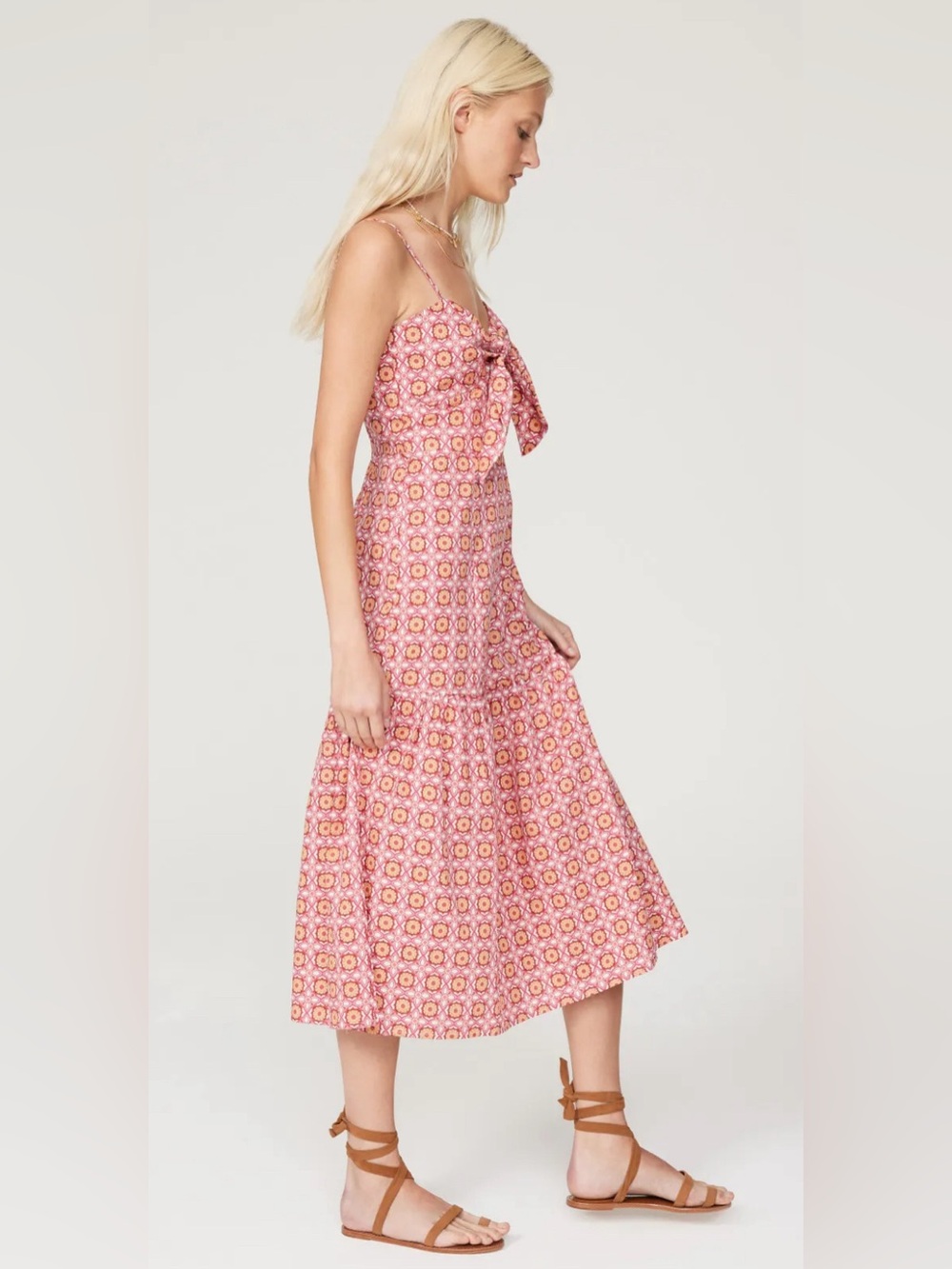 Minkpink Jeeta Pink Patterned Midi Strappy Sun Dress Knot Bow Front M Medium - Picture 2 of 12